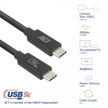 ACT Cable USB4 20Gbps 240W USB Type-C 2 m negro certificado USB-IF