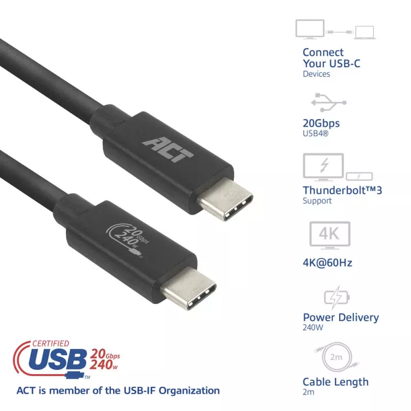 ACT Cable USB4 20Gbps 240W USB Type-C 2 m negro certificado USB-IF