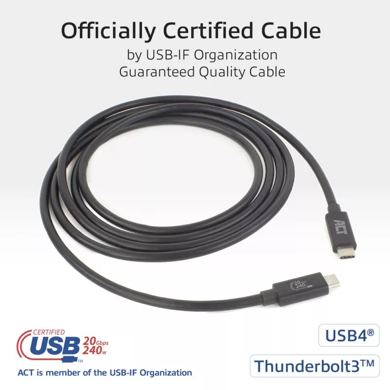 ACT Cable USB4 20Gbps 240W USB Type-C 2 m negro certificado USB-IF