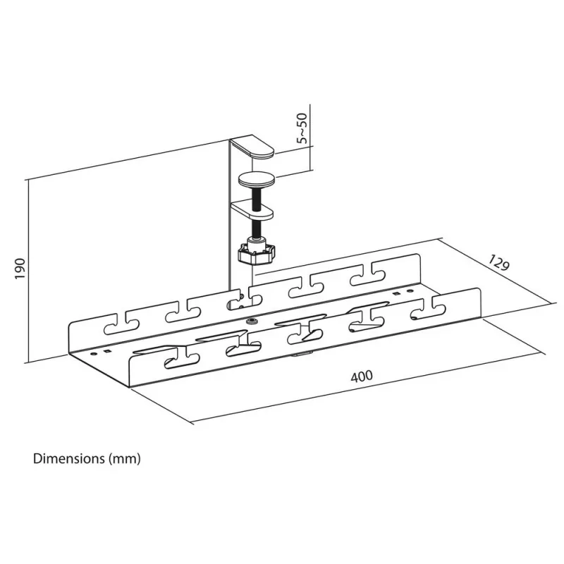 Bandeja de gestión de cables bajo escritorio ACT, soporte de fijación, 40 cm, acero, capacidad 5 kg