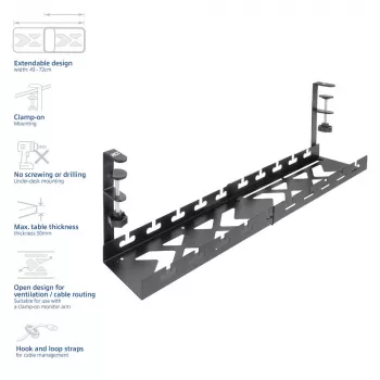 Bandeja de gestión de cables extraíble bajo escritorio ACT 43–72 cm soporte de fijación, acero, 728×130×190 mm, 5 kg