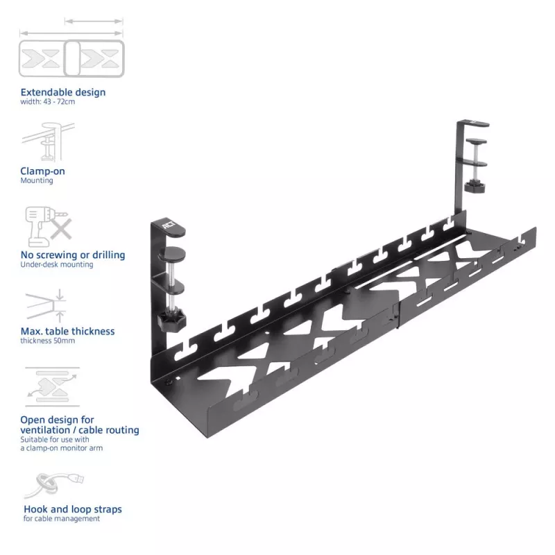 Bandeja de gestión de cables extraíble bajo escritorio ACT 43–72 cm soporte de fijación, acero, 728×130×190 mm, 5 kg