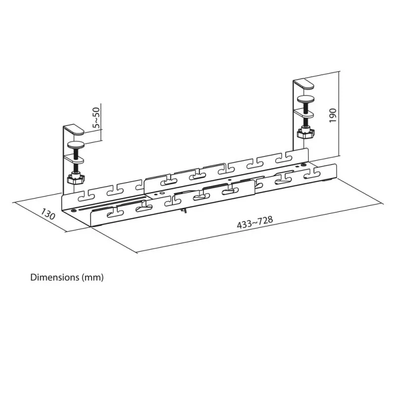 Bandeja de gestión de cables extraíble bajo escritorio ACT 43–72 cm soporte de fijación, acero, 728×130×190 mm, 5 kg