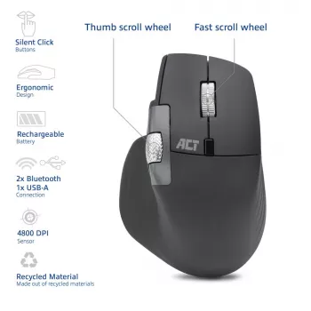 ACT AC5147 ratón inalámbrico, Bluetooth/USB, clic silencioso, 4800 DPI, gris