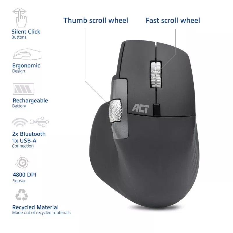 ACT AC5147 ratón inalámbrico, Bluetooth/USB, clic silencioso, 4800 DPI, gris