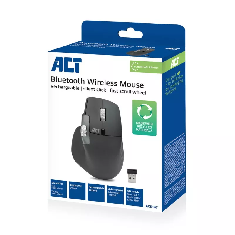 ACT AC5147 ratón inalámbrico, Bluetooth/USB, clic silencioso, 4800 DPI, gris