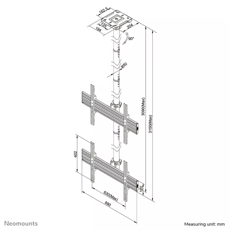 Soporte de techo para videowall Neomounts Pro NMPRO-C12 — 30 kg, 32–65 pulgadas, VESA 100x100–600x400, giro 180°, negro