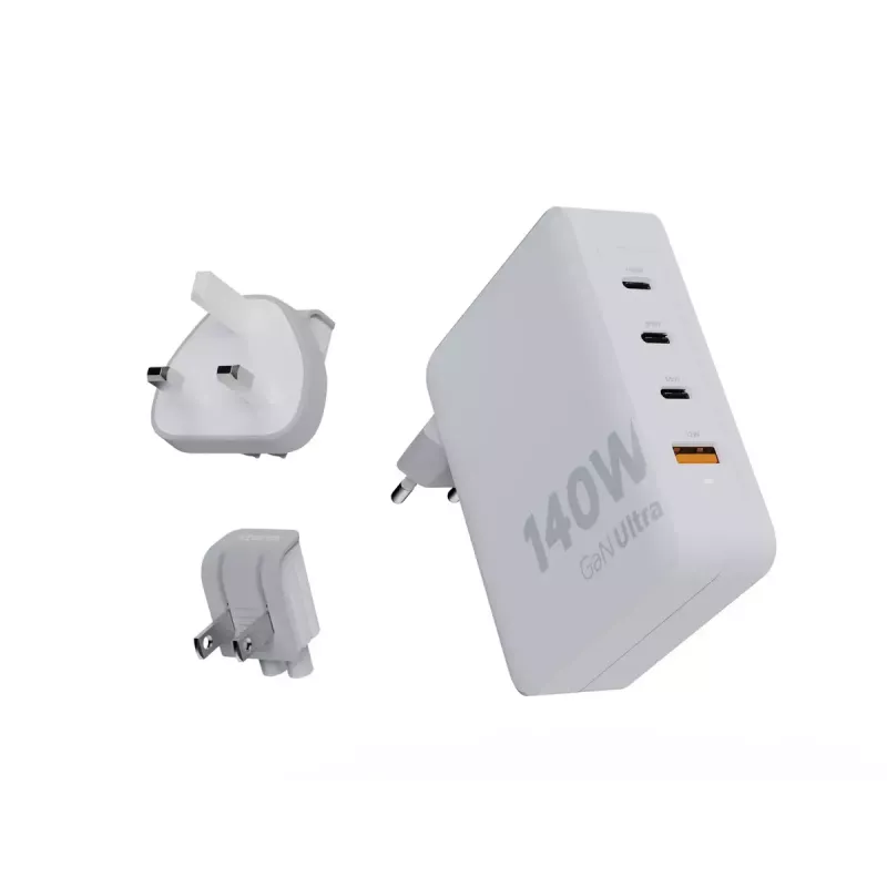 Cargador de viaje portátil GaN de 140W Xtorm XVC2140 con 3 conectores USB-C PD y cable USB-C de 2 m, blanco