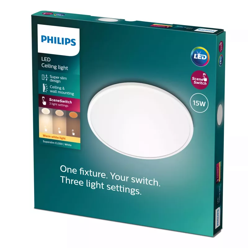 Philips Functional lámpara de techo superfina 15 W, LED, bombillas no reemplazables, 2700 K, 1300 lm, IP20, blanco