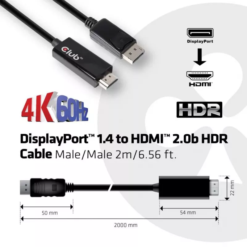 Cable CLUB3D DisplayPort 1.4 a HDMI 2.0b HDR, conector macho/conector macho, 2 m