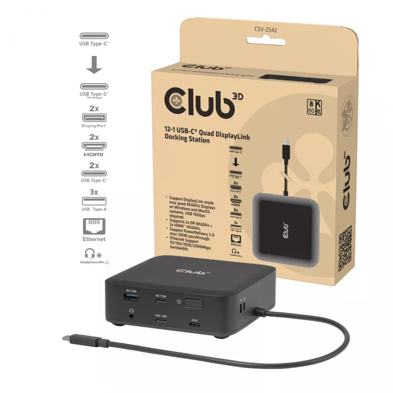 Estación de acoplamiento USB-C Quad DisplayLink CLUB 3D CSV-2542 — 2× DisplayPort 8K60Hz, 2× HDMI 4K60Hz, PD 100W, Ethernet 2.5G