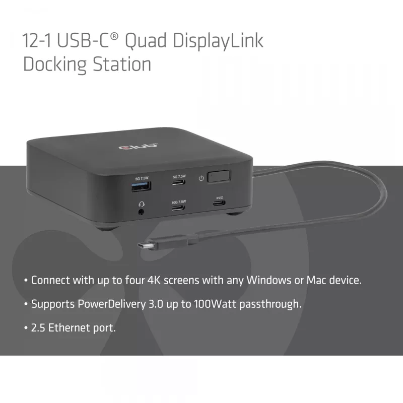 Estación de acoplamiento USB-C Quad DisplayLink CLUB 3D CSV-2542 — 2× DisplayPort 8K60Hz, 2× HDMI 4K60Hz, PD 100W, Ethernet 2.5G