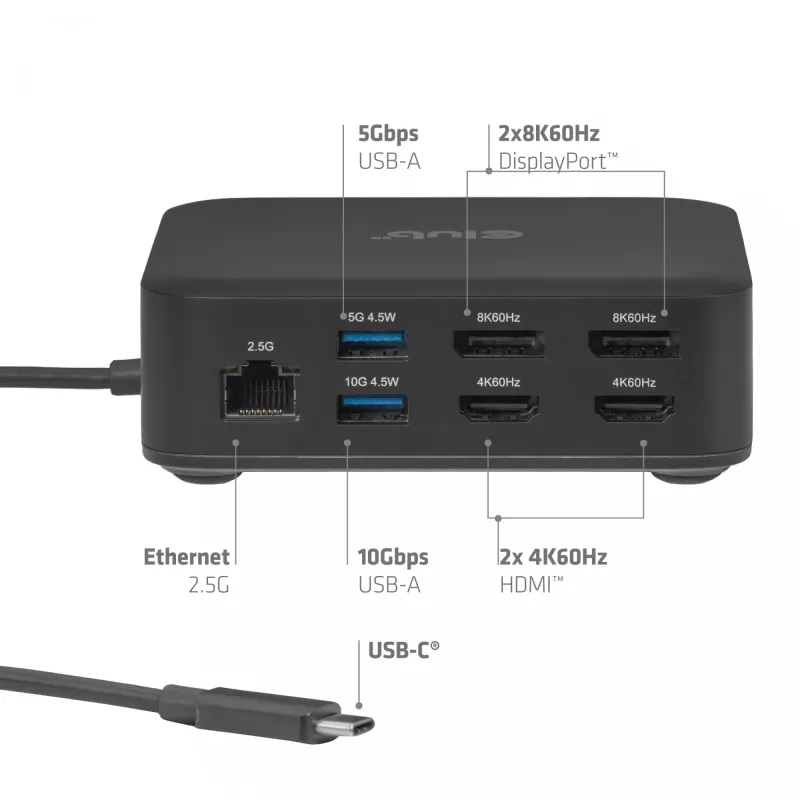 Estación de acoplamiento USB-C Quad DisplayLink CLUB 3D CSV-2542 — 2× DisplayPort 8K60Hz, 2× HDMI 4K60Hz, PD 100W, Ethernet 2.5G