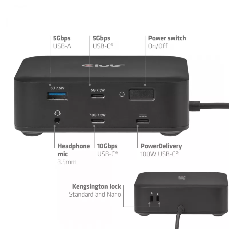 Estación de acoplamiento USB-C Quad DisplayLink CLUB 3D CSV-2542 — 2× DisplayPort 8K60Hz, 2× HDMI 4K60Hz, PD 100W, Ethernet 2.5G