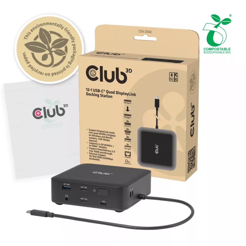 Estación de acoplamiento USB-C Quad DisplayLink CLUB 3D CSV-2542 — 2× DisplayPort 8K60Hz, 2× HDMI 4K60Hz, PD 100W, Ethernet 2.5G