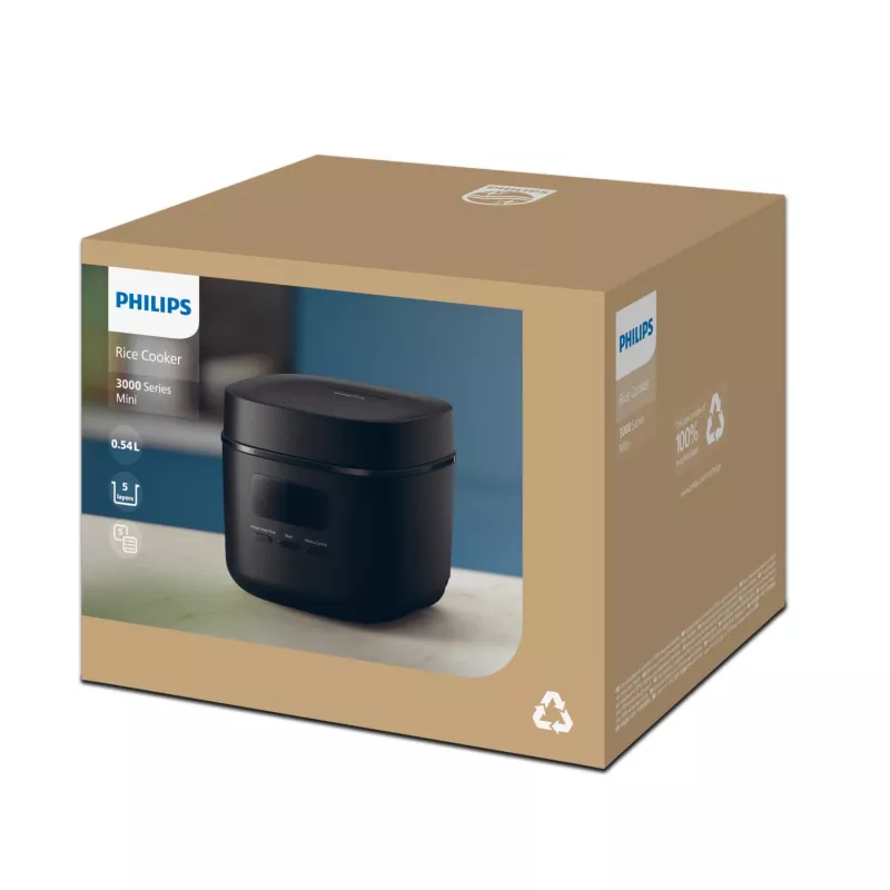 Olla arrocera Philips 3000 Series HD3080/80, 0,54 L, 400 W, negra, control por botones