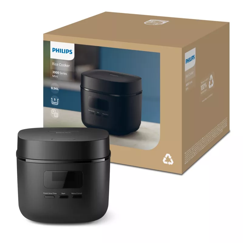 Olla arrocera Philips 3000 Series HD3080/80, 0,54 L, 400 W, negra, control por botones