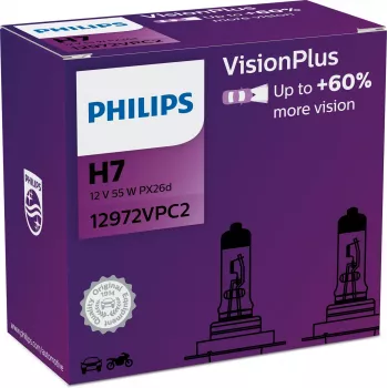 Philips VisionPlus 12972VPC2, más seguridad y confort, 55 W, 12 V, H7, halógeno, 2 uds.