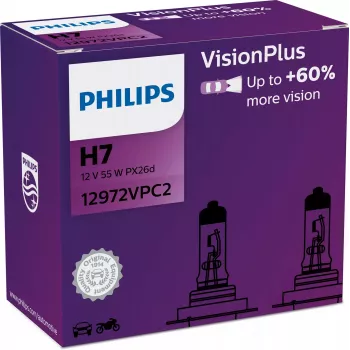 Philips VisionPlus 12972VPC2, más seguridad y confort, 55 W, 12 V, H7, halógeno, 2 uds.