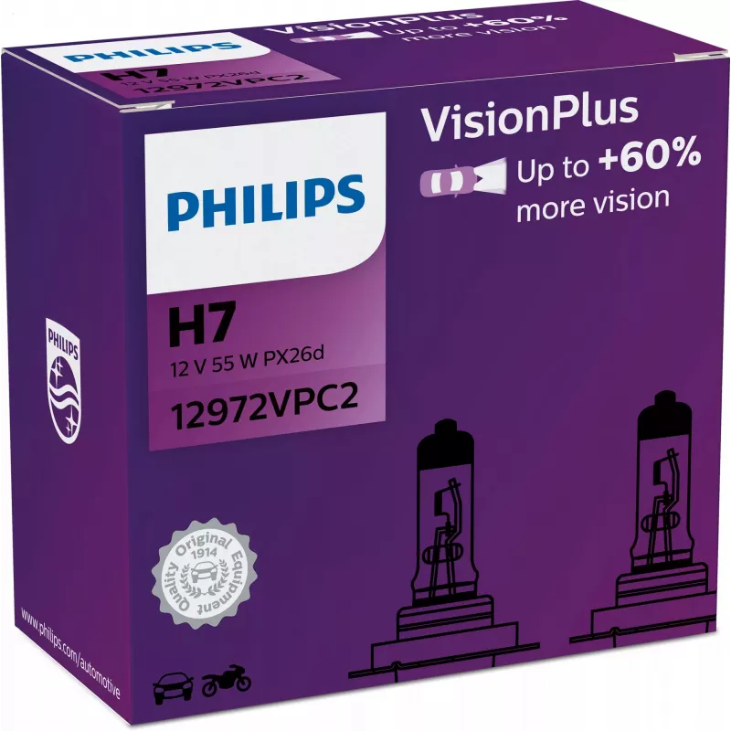 Philips VisionPlus 12972VPC2, más seguridad y confort, 55 W, 12 V, H7, halógeno, 2 uds.
