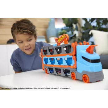 Hot Wheels City Speedway Hauler Carrier con 3 coches de juguete, set de vehículos, 4 año(s), plástico, gris, multicolor