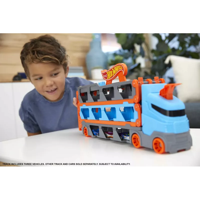 Hot Wheels City Speedway Hauler Carrier con 3 coches de juguete, set de vehículos, 4 año(s), plástico, gris, multicolor