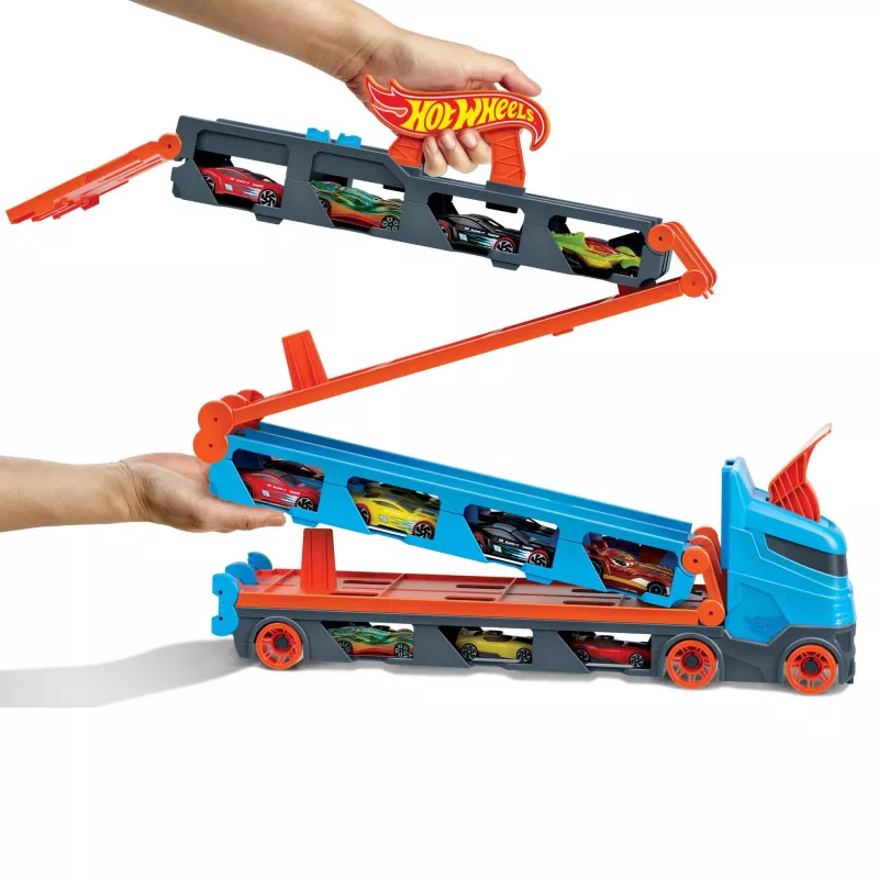 Hot Wheels City Speedway Hauler Carrier con 3 coches de juguete, set de vehículos, 4 año(s), plástico, gris, multicolor
