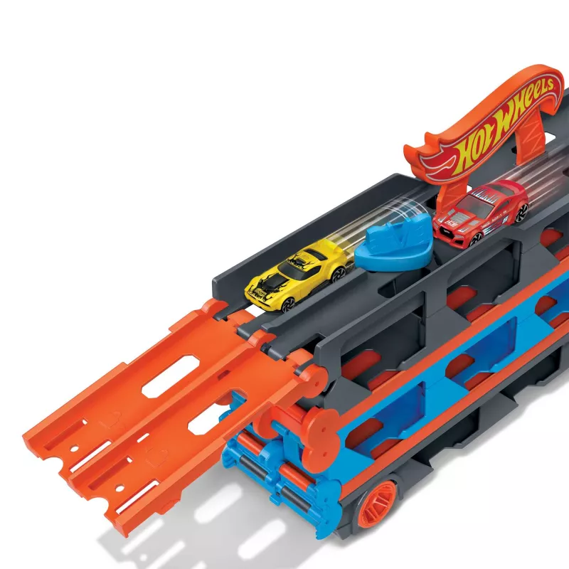 Hot Wheels City Speedway Hauler Carrier con 3 coches de juguete, set de vehículos, 4 año(s), plástico, gris, multicolor