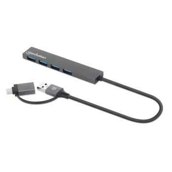 Manhattan dock/hub combo USB-C y USB-A, conexiones (4): USB-A (x4), 5 Gbps (USB 3.2 Gen1 alias USB 3.0), alimentado por USB (no requiere fuente de alimentación externa), cable 25 cm