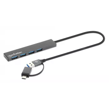 Manhattan dock/hub combo USB-C y USB-A, conexiones (4): USB-A (x4), 5 Gbps (USB 3.2 Gen1 alias USB 3.0), alimentado por USB (no requiere fuente de alimentación externa), cable 25 cm