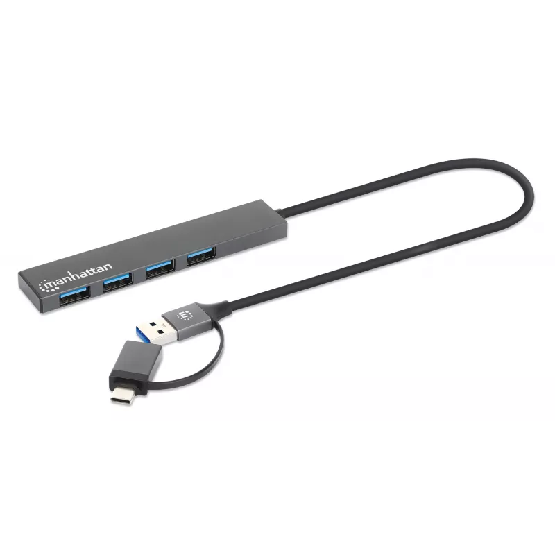 Manhattan dock/hub combo USB-C y USB-A, conexiones (4): USB-A (x4), 5 Gbps (USB 3.2 Gen1 alias USB 3.0), alimentado por USB (no requiere fuente de alimentación externa), cable 25 cm