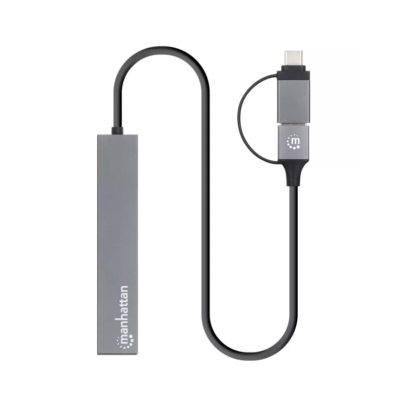 Manhattan dock/hub combo USB-C y USB-A, conexiones (4): USB-A (x4), 5 Gbps (USB 3.2 Gen1 alias USB 3.0), alimentado por USB (no requiere fuente de alimentación externa), cable 25 cm