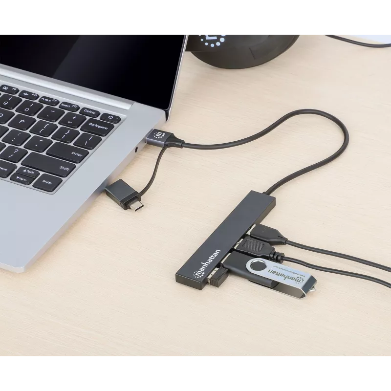 Manhattan dock/hub combo USB-C y USB-A, conexiones (4): USB-A (x4), 5 Gbps (USB 3.2 Gen1 alias USB 3.0), alimentado por USB (no requiere fuente de alimentación externa), cable 25 cm