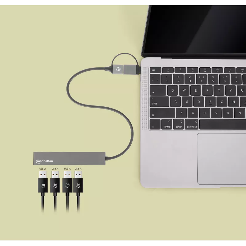Manhattan dock/hub combo USB-C y USB-A, conexiones (4): USB-A (x4), 5 Gbps (USB 3.2 Gen1 alias USB 3.0), alimentado por USB (no requiere fuente de alimentación externa), cable 25 cm