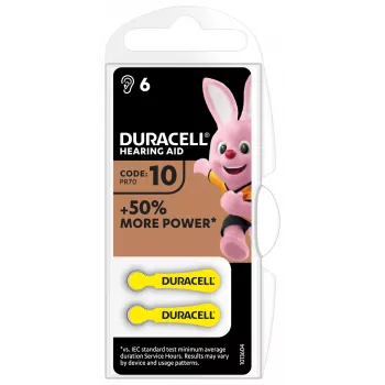 Pila para audífonos Duracell 10, pila desechable, zinc-aire, 1,45 V, 6 uds., 100 mAh, 4 años