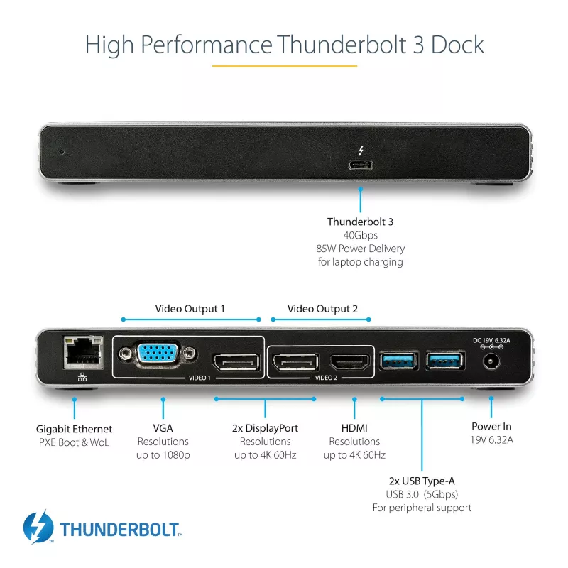 StarTech.com dock Thunderbolt 3 – estación de acoplamiento TB3 para portátil con monitor Dual-4K-60-Hz con DisplayPort, HDMI y VGA 1080p – 85 W Power Delivery y potencia de carga – 2x USB-A, Ethernet – Mac y Windows