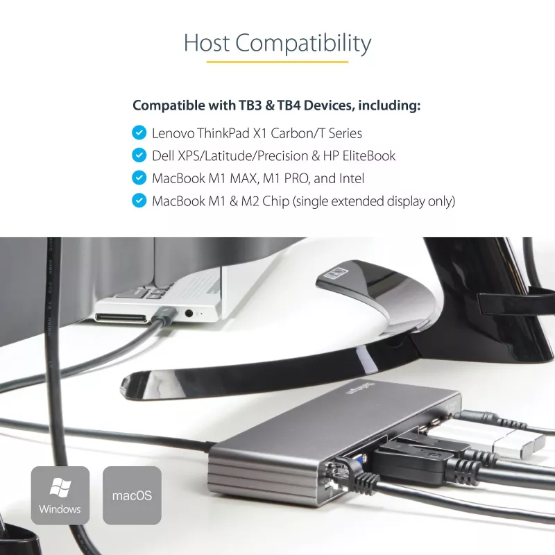 StarTech.com dock Thunderbolt 3 – estación de acoplamiento TB3 para portátil con monitor Dual-4K-60-Hz con DisplayPort, HDMI y VGA 1080p – 85 W Power Delivery y potencia de carga – 2x USB-A, Ethernet – Mac y Windows