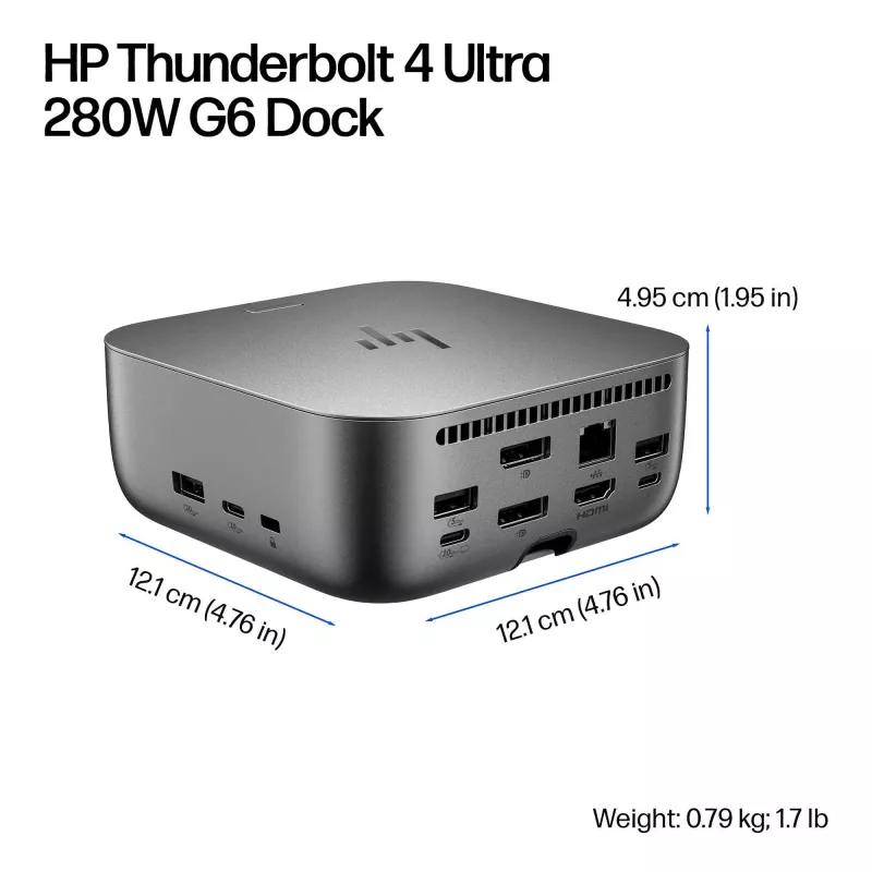 HP Thunderbolt 4 Ultra 280W G6 dock, con cable, Thunderbolt 4, 280 W, 10,100,1000,2500 Mbit/s, gris, 8K Ultra HD