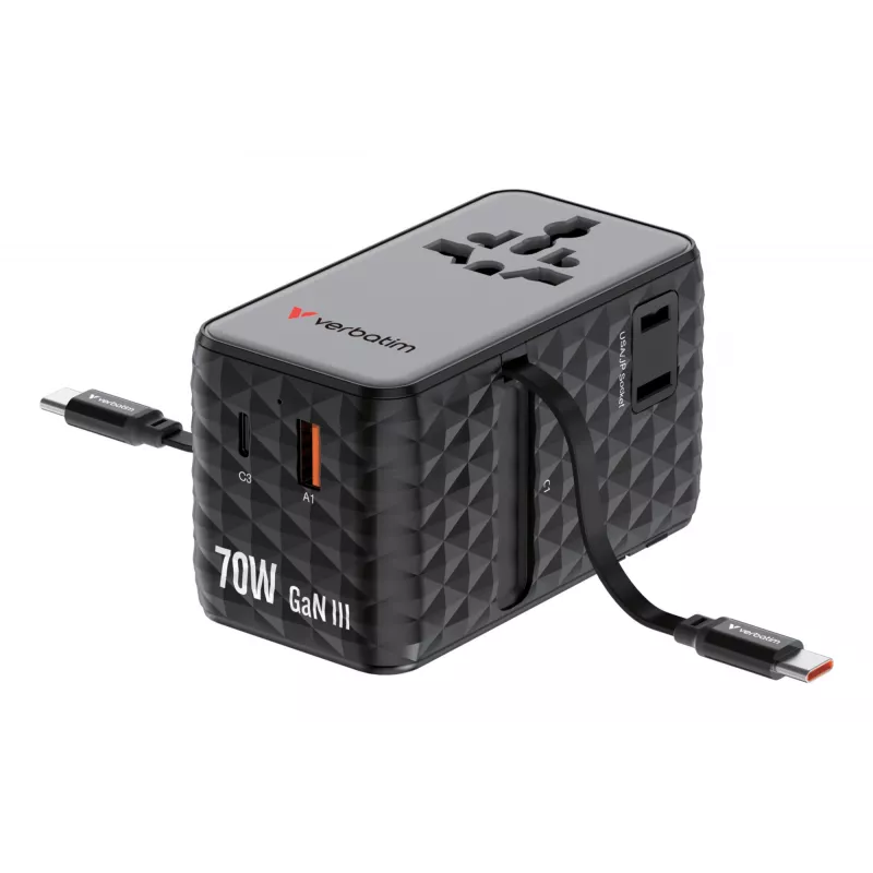 Verbatim Charge 'n' Travel 70W 2C adaptador de viaje universal retráctil Negro