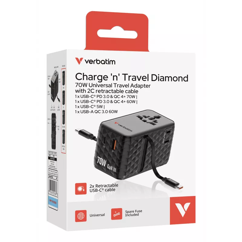 Verbatim Charge 'n' Travel 70W 2C adaptador de viaje universal retráctil Negro