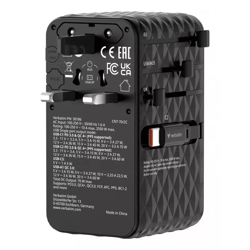 Verbatim Charge 'n' Travel 70W 2C adaptador de viaje universal retráctil Negro