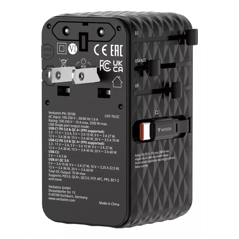 Verbatim Charge 'n' Travel 70W 2C adaptador de viaje universal retráctil Negro