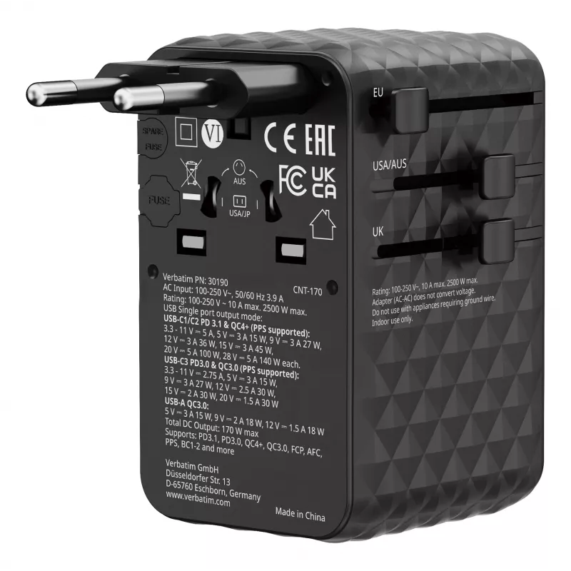 Verbatim Charge 'n' Travel 170W adaptador de viaje universal Negro