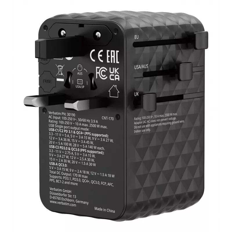 Verbatim Charge 'n' Travel 170W adaptador de viaje universal Negro