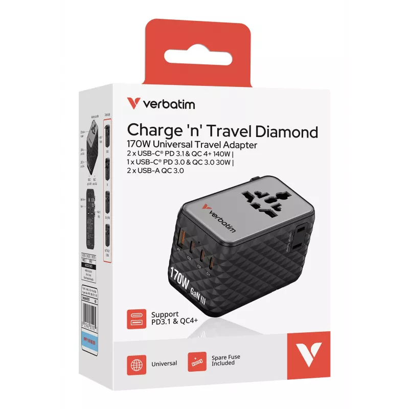 Verbatim Charge 'n' Travel 170W adaptador de viaje universal Negro