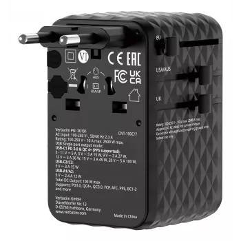 Verbatim Charge 'n' Travel 100W adaptador de viaje universal con cable retráctil Negro