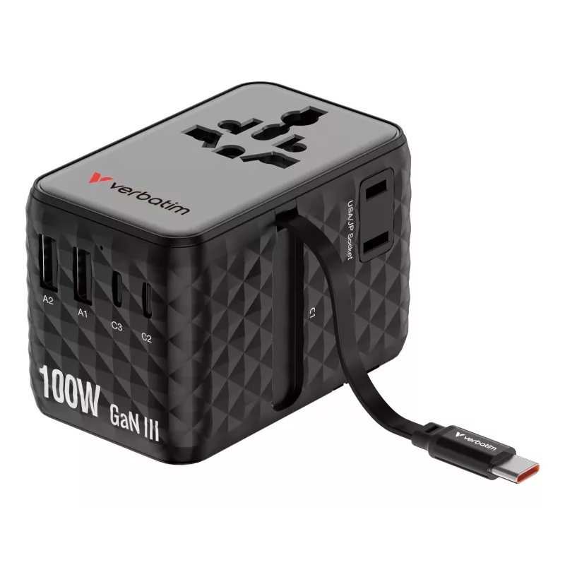 Verbatim Charge 'n' Travel 100W adaptador de viaje universal con cable retráctil Negro