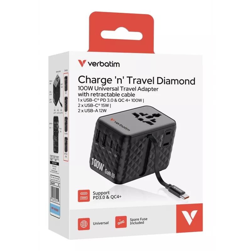 Verbatim Charge 'n' Travel 100W adaptador de viaje universal con cable retráctil Negro