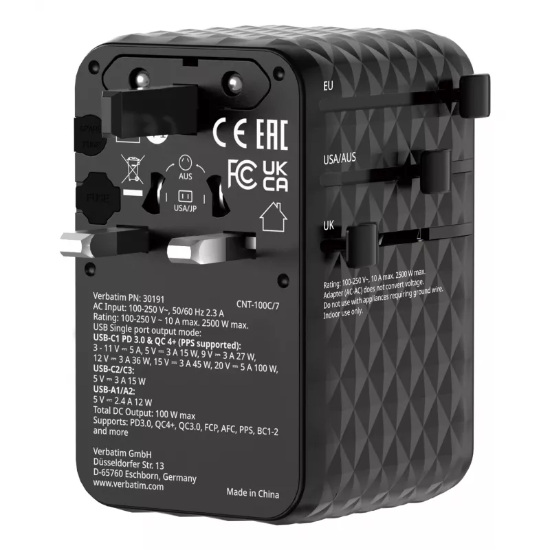 Verbatim Charge 'n' Travel 100W adaptador de viaje universal con cable retráctil Negro