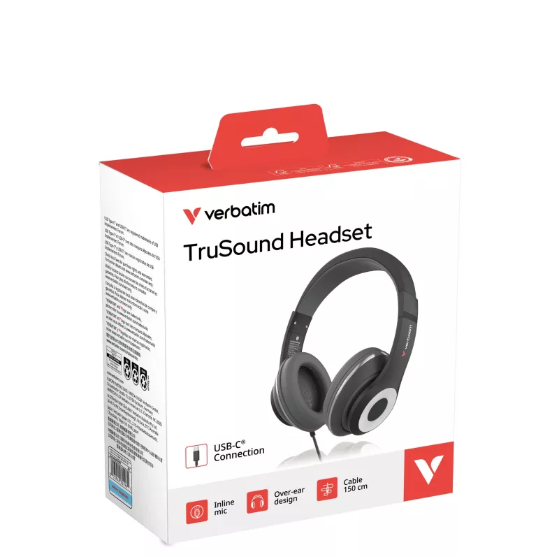Verbatim TruSound auriculares USB-C, con cable, música/uso diario, 20 - 20000 Hz, 200,9 g, auriculares, Negro